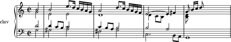
\version "2.14.2"
\header {
  tagline = ##f
}
upper = \relative c'' {
  \clef treble 
  \key c \major
  \time 2/2
  \tempo 2 = 56
  %\autoBeamOff
    \set Staff.midiInstrument = #"dulcimer"

   \partial 2 << {{ b2 }} \\ {{ g2 }} >>
    << {{ b2 e8. d16 c[ b a g] }} \\ {{ e2 e }} >>
    << {{ a2 d8. c16 b[ a g f] }} \\ {{ d1 }} >>
    << {{ e2~ e4 fis }} \\ {{ d4 c8 b }} >>
    << {{ g'8 b16[ c] d8 }} \\ {{ < d, b >8 }} >>

}

lower = \relative c {
  \clef bass
  \key c \major
  \time 2/2
    \set Staff.midiInstrument = #"dulcimer"
    
   \partial 2 << {{ d'2 }} \\ {{ g,2 }} >>
    << {{ d'4 c8 b c2 }} \\ {{ gis2 a }} >>
    << {{ c4 b8 a b2 }} \\ {{ fis2 g }} >>
    << {{ b2 a }} \\ {{ c,2. b8 a }} >>
g1
   
} 

\score {
  \new PianoStaff <<
    \set PianoStaff.instrumentName = #"clav"
    \new Staff = "upper" \upper
    \new Staff = "lower" \lower
  >>
  \layout {
    \context {
      \Score
      \remove "Metronome_mark_engraver"
    }
  }
  \midi { }
}
