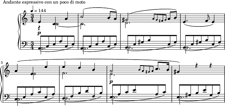 \version "2.18.2"
\header {
tagline = ##f
}
upper = \relative c' {
\clef treble
\key a \minor
\time 3/4
\tempo 4 = 144
%\autoBeamOff
%%Montgeroult — Étude 38 (pdf p. 93)
<< { e4\p c a' c2( b8 a) gis2( \grace { a8 gis fis gis } a8 b) } \\ { r4 c,2~ c2. d } >> e4.( f8 e4)
<< { a4\( e e' e d b a2\p \grace { b8 a gis a } c8. b16 gis4\) r4 r4 } \\ { s4 e2 f2. e } >>
}
lower = \relative c {
\clef bass
\key a \minor
\time 3/4
<< { \repeat unfold 2 { a8_( c e a c, e) } \repeat unfold 2 { b8_( e gis b e, gis) } c,8_( e a c e, a) d,_( f b d f, b) e,_( a c e a, c) e,_( gis b e gis, b) } \\ { a,2. a b b c d e e } >>
}
\header {
piece = "Andante espressivo con un poco di moto"
}
\score {
\new PianoStaff <<
\new Staff = "upper" \upper
\new Staff = "lower" \lower
>>
\layout {
\context {
\Score
}
}
\midi { }
}