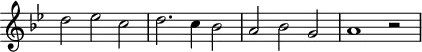 \header {
tagline = ##f
}
\score {
\new Staff \with {
\remove "Time_signature_engraver"
}
<<
\relative c'' {
\key bes \major
%\clef bass
\time 3/2
\override TupletBracket #'bracket-visibility = ##f
%%% f° 109
d2 ees c d2. c4 bes2 a bes g a1 r2
}
>>
\layout {
\context { \Score \remove "Metronome_mark_engraver" }
}
\midi {}
}