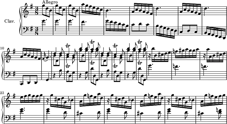 \version "2.18.2"
\header {
tagline = ##f
}
%% les petites notes
trillA = { \tag #'print { a4\trill } \tag #'midi { b32 a b a~ a8 } }
trillC = { \tag #'print { c4\trill } \tag #'midi { d32 c d c~ c8 } }
trillFis = { \tag #'print { fis4\trill } \tag #'midi { g32 fis g fis~ fis8 } }
upper = \relative c'' {
\clef treble
\key g \major
\time 3/8
\tempo 4. = 72
\set Staff.midiInstrument = #"harpsichord"
s8*0^\markup{Allegro}
g'8 d b | g' e c | g' d b | a'16 g fis e d c | b4. | a16 c b a g fis |
% ms. 7
\repeat unfold 2 { d'4. | a16 c b a g fis } | \appoggiatura fis32 \tempo 4. = 45 g4. | \tempo 4. = 72 \repeat unfold 2 { << { d'4 d8 | \trillC b8 | b'4 b8 | \trillA b8 } \\ { b,8 d, b' | \trillA g8 | g'8 b, g' | \trillFis g8 } >> } |
% ms. 20
r16 b16 b, cis d e | f gis a gis gis a | r16 a a, b cis d | e fis g fis fis g | r16 g16 cis, d g, bes |
% ms. 25
\repeat unfold 2 { a16 g' f e a d, | r16 g16 cis, d g, bes } | a16 g' f e f g |
% ms. 30
}
lower = \relative c' {
\clef bass
\key g \major
\time 3/8
\set Staff.midiInstrument = #"harpsichord"
% **************************************
\repeat unfold 3 { g'4. } fis4. | g16 fis e d c b | c8 d c |
% ms. 7
b16 a g fis e d | c8 d c | b16 a g fis e d | c8 d d | g4. | \repeat unfold 2 { r4 b'8 |
% ms. 13
a8 d, g | r4 g8 | d' d, g, } |
% m. 20
g''4. f f < e g >4. \repeat unfold 2 { q4 d8 |
% ms. 25
cis4 d8 } | < e g >4 d8 | cis4 < d f >8 |
% ms. 30
}
thePianoStaff = \new PianoStaff <<
\set PianoStaff.instrumentName = #"Clav."
\new Staff = "upper" \upper
\new Staff = "lower" \lower
>>
\score {
\keepWithTag #'print \thePianoStaff
\layout {
#(layout-set-staff-size 17)
\context {
\Score
\override SpacingSpanner.common-shortest-duration = #(ly:make-moment 1/2)
\remove "Metronome_mark_engraver"
}
}
}
\score {
\keepWithTag #'midi \thePianoStaff
\midi { }
}