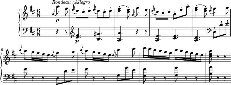 \version "2.18.2"
\header {
tagline = ##f
}
upper = \relative c' {
\clef "treble"
\tempo "Allegro"
\key d \major
\time 6/8
\tempo 4 = 100
\set Staff.midiInstrument = #"piano"
s4. \grace a'16^\markup{\italic {Rondeau : Allegro}} (a'4)\p fis8
\grace e16 (d8) cis-. d-. \grace e16 (d8) cis-. d-.
<d fis>4 (<cis e>8) \grace g16 (g'4) e8
\grace d16 (cis8) b-. cis-. a-. e'-. a-.
<e g>4 (<d fis>8) \grace d16 (fis4) g8
\grace b16 (a8) g16 fis e d \grace d16 (fis4) g8
\grace b16 (a8) g16 fis e d \grace d16 (b'4) cis8
d16 cis b a g fis b a g fis e d
<cis e a>8 r r
}
lower = \relative c' {
\clef "bass"
\key d \major
\set Staff.midiInstrument = #"piano"
s4. r4 r8 \clef "treble"
<d fis>4. \p <b gis'>
<a a'> r4 r8
<a e'>4. <cis e>
<d a> \clef "bass" d,8-! d'-! e-!
fis r r d, d' e
fis r r g, g' e
<fis, fis'> r r < g g'> r r
<a a'> r r
}
\score {
\new PianoStaff <<
\new Staff = "upper" \upper
\new Staff = "lower" \lower
>>
\layout {
\context {
\Score
\remove "Metronome_mark_engraver"
}
}
\midi { }
}