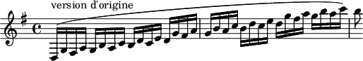 \version "2.18.2"
\header {
tagline = ##f
% composer = "Mozart"
% opus = ""
% meter = "Allegro"
}
\score {
<<
\relative c'' {
\key g \major
\time 4/4
\tempo 4 = 110
\override TupletBracket #'bracket-visibility = ##f
%%%%%%
d,,16(^"version d'origine" g fis a g b a c b d c e d g fis a g b a c b d c e d g fis a g b a c) b8
}
>>
\layout {
#(layout-set-staff-size 17)
\context { \Score \remove "Metronome_mark_engraver"
\override SpacingSpanner.common-shortest-duration = #(ly:make-moment 1/2)
}
}
\midi { \set Staff.midiInstrument = #"clarinet" }
}