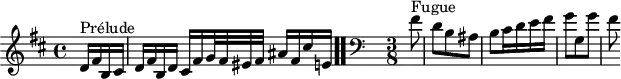 \version "2.18.2"
\header {
tagline = ##f
}
\score {
\new Staff \with {
}
<<
\relative c' {
\key b \minor
\time 4/4
\set Staff.midiInstrument = #"harpsichord"
%% INCIPIT CBT II-24, BWV 893, si mineur
\partial 4
s4*0^\markup{Prélude} d16 fis b, cis d fis b, d cis fis g32 fis eis fis ais16 fis cis' e, \bar ".."
\skip 8*1
\override Staff.Clef.extra-offset = #'( -1 . 0 )
\clef bass
\time 3/8 \partial 8
s4*0^\markup{Fugue} fis8 d b ais b cis16 d e fis g8 g, g' fis
}
>>
\layout {
#(layout-set-staff-size 17)
\context { \Score \remove "Metronome_mark_engraver"
\override SpacingSpanner.common-shortest-duration = #(ly:make-moment 1/2)
}
}
\midi {}
}