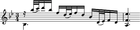 
\header {
  tagline = ##f
}

\score {
  \new Staff \with {

  }
<<
  \relative c'' {
    \key bes \major
    \time 3/4
    \override TupletBracket #'bracket-visibility = ##f 
    \autoBeamOff

     %%%%%%%%%%%%%%%%%%%%%%%%%% K15
    << { r16 bes'32[_( c) d16 bes] f16[ d32_( ees) f16 d] } \\ { bes,4. } >> 
    bes'16[ d,32_( ees) f16 d] < ees' f, a, >4.
    
  }
>>
  \layout {
    \context {
      \remove "Metronome_mark_engraver"
    }
  }
  \midi {}
}
