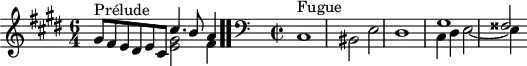 \version "2.18.2"
\header {
tagline = ##f
}
\score {
\new Staff \with {
%fontSize = #-2
}
<<
\relative c'' {
\key cis \minor
\time 6/4
\set Staff.midiInstrument = #"harpsichord"
%% INCIPIT CBT I-18, BWV 849, ut-dièse mineur
<< { s4*0^\markup{Prélude} gis8 fis e dis e cis cis'4. b8 a4 } \\ { s2. < gis e >2 fis4 } >> \bar ".."
\skip 16*1
\override Staff.Clef.extra-offset = #'( -1 . 0 )
\time 2/2
\clef bass
<< { \relative c' { s1*3 gis1 fisis2 } } \\ { \relative c { cis1^\markup{Fugue} bis2 e dis1 cis4 dis e2~ e4 } } >>
}
>>
\layout {
#(layout-set-staff-size 17)
\context { \Score \remove "Metronome_mark_engraver"
\override SpacingSpanner.common-shortest-duration = #(ly:make-moment 1/2)
}
}
\midi {}
}