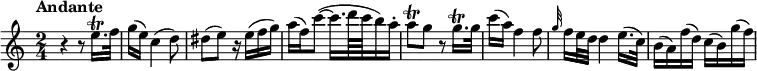 \relative c'' {
\version "2.18.2"
\key c \major
\time 2/4
\tempo "Andante"
\tempo 4 = 60
| r4 r8 e16.\trill f32
| g16( e) c4( d8)
| dis( e) r16 e( f g)
| a( f) c'8( ~ c16. d64 c b16) a-.
| a8\trill g r g16.\trill g32
| c16( a) f4 f8
| \grace { g32 } f16 e32 d d4 e16.( c32)
| b16( a) f'( d) c( b) g'( f)
}
