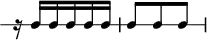 
\header {
  tagline = ##f
}

\score {
  \new RhythmicStaff {
    \time 3/8
    \numericTimeSignature
    \omit Staff.TimeSignature

    r16 c16 c c c c | c8 c c | 

  }
  \layout {
   % indent = #0
  }
  \midi {}
}
