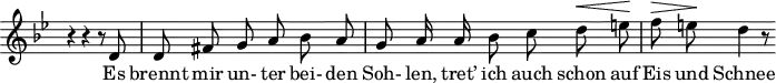 \header {
tagline = ##f
}
\score {
\new Staff \with {
\remove "Time_signature_engraver"
}
<<
\relative c' {
\key g \minor
\time 3/4
\set Score.currentBarNumber = #10
\autoBeamOff
%%%%%%%%%%%%%%%%%%%%%%%%%%%%% no 8 Rückblick
r4 r4 r8 d8 | d fis g a bes a | g a16 a bes8 c d^\< e!\! | f^\> e!\! d4 r8
}
\addlyrics {
Es brennt mir un- ter bei- den Soh- len, tret’ ich auch schon auf Eis und Schnee
}
>>
\layout {
\context {
\remove "Metronome_mark_engraver"
}
}
\midi {}
}