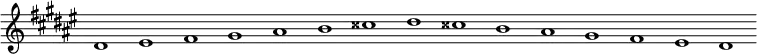 \new Staff {
\relative c' {
\key dis \minor
\override Staff.TimeSignature #'stencil = ##f
\override Staff.BarLine #'stencil = ##f
dis1 eis fis gis ais b cisis dis cisis b ais gis fis eis dis
}
}
\midi {
\context {
\Score
tempoWholesPerMinute = #(ly:make-moment 120 1)
}
}
