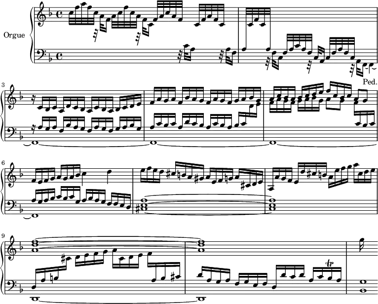 
\version "2.18.2"
\header {
  tagline=##f
  % composer="Johann Pachelbel"
  % opus=""
  % meter=""
}

%% les petites notes
trillBesqq   ={ \tag #'print { bes16\trill } \tag #'midi { \times 2/3 { bes32 a bes } } }

upper=\relative c'' {
  \clef treble 
  \key f \major
  \time 4/4
  \tempo 4=78
  \set Staff.midiInstrument=#"church organ"
  \override TupletBracket.bracket-visibility=##f

      c32 f a f c s32 s16 a32 c f c a s32 s16 f32 a c a f s32 s16 c32 f a f c s32 s16| \stemUp  \change Staff="lower" a32  \change Staff="upper"  c f c \stemUp  \change Staff="lower"   a s32 s16 f32 a c a f s32 s16 c32 f a f c s32 s16 s4|\stemNeutral  \change Staff="upper" 
      % ms. 3
      r16 c'16 bes c a d c bes a c bes a bes c d e|f a g a f bes a g f a g f g a bes g|\stemUp a c bes a bes c d e f c bes c a8 g \stemNeutral|
      % ms. 6
      f16 e f g a g a bes c4 d|e16 f e d cis b a gis a e f g a cis, d e|a, a' g f e d' cis b a e' f g a cis, d e|
      % ms. 9
      < a, d f >1^~ q|g'16

}

lower=\relative c' {
  \clef bass
  \key f \major
  \time 4/4
  \set Staff.midiInstrument=#"church organ"
  \override TupletBracket.bracket-visibility=##f

    % ************************************** 
      \stemDown \change Staff="upper"  s8 r32 a'32 f16 s8 r32 f32 c16 \stemNeutral \change Staff="lower" s8 r32 c32 a16 s8 r32 a32 f16|s8 r32  f32 c16 s8 r32 c32 a16 
      % ms. fin 2…
      << { s2 r16 a'16 g a  f bes a g  f a g f  g a bes g|a c bes c a d c bes a  c bes a bes c \stemDown \change Staff="upper" d16 e|f a g f g a bes g a8 g f16 \stemUp \change Staff="lower" c16 bes c|
      %. ms. 6
      a16 g a bes c bes c g a bes a g f f e d }
      \\ { s8 r32 a32 f16~_\markup{Ped.} f4~|f1~ f~ f~ f~ } >>
      % ms. 7
      < cis' e a >1~ q 
      % ms. 9
      << { d16 a' b \stemDown \change Staff="upper" cis d e f g a cis, d e f \stemUp \change Staff="lower" a,16 b cis|d a g a f g e f d d' c d a c \trillBesqq a16 } \\ { d,,1~ d } >>|< bes' g' >1*1/8


}

thePianoStaff=\new PianoStaff <<
    \set PianoStaff.instrumentName=#"Orgue"
    \new Staff="upper" \upper
    \new Staff="lower" \lower
  >>

\score {
  \keepWithTag #'print \thePianoStaff
  \layout {
      #(layout-set-staff-size 17)
    \context {
      \Score
     \override SpacingSpanner.common-shortest-duration=#(ly:make-moment 1/2)
      \remove "Metronome_mark_engraver"
    }
  }
}

\score {
  \keepWithTag #'midi \thePianoStaff
  \midi { }
}
