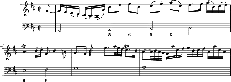
\version "2.18.2"
\header {
  tagline = ##f
}

\score {

 \new StaffGroup <<
\set StaffGroup.systemStartDelimiter = #'SystemStartSquare
    \new Staff {
      \relative c'' {
      \key d \major
      \time 2/2
      \tempo 4 = 70
      % \autoBeamOff
      \clef treble
      \set Score.currentBarNumber = #15
      \override Rest #'style = #'classical
      \override TupletBracket #'bracket-visibility = ##f
      \override TupletNumber #'stencil = ##f

   % Violon - Ms. page 62 / pdf p. 67
   \partial 8 g8~
   g16[ fis e( d)] cis[( b) a( a')] d8[ fis] g[ d]
   e8[( g)] a[( e)] fis8.[ g16] a[( d,) e( fis)] 
   cis4.\trill d16( e) a,8 d4 c8
   b8. a16 << { << d8 b >> } \\ { g4 } >> g'8. {\times 2/3 { a32 g fis }} e8.\trill d16
   cis8~ cis32 {\times 2/3 { d32 cis b }} a16[ a' e fis] g[ d e fis] cis[ a' e cis]

    }
}

    % Continuo
    \new Staff {
  <<
      \key d \major

    \new Voice { \clef bass s8 a,2 b, cis d e fis g1 a1 }
    \new FiguredBass {
      \figuremode {
      s8 s2 < 5 >4 < 6 >4
      < 5 >4 < 6 >4 s2 < 6 >2 < 6 >2
      }
    }
  >>
    }
 >>
  \layout {
    \context {
      \Score
      \remove "Metronome_mark_engraver"
    }
  }
  \midi {}
}
