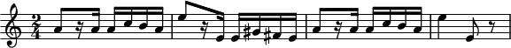 
\header {
  tagline = ##f
}

\score {
  \new Staff \with {

  }
<<
  \relative c'' {
    \key c \major
    \time 2/4
    \override TupletBracket #'bracket-visibility = ##f
    \set Staff.midiInstrument = #"violin"
    \tempo 4 = 100

     %%%%%%%%%%%%%%%%%%%%%%%%%% {{24e|caprice}}
     a8[ r16 a16] a c b a e'8[ r16 e,16] e gis fis e a8[ r16 a16] a c b a e'4 e,8 r8

  }
>>
  \layout {
     \context { \Score \remove "Metronome_mark_engraver" }
  }
  \midi {}
}
