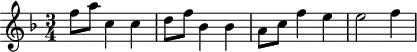 
\header {
  tagline = ##f
}

\score {
  \new Staff \with {

  }
<<
  \relative c'' {
    \key f \major
    \time 3/4
    \override TupletBracket #'bracket-visibility = ##f 
    \autoBeamOff

     %%%%%%%%%%%%%%%%%%%%%%%%%% K2
     f8[ a] c,4 c d8[ f] bes,4 bes a8[ c] f4 e e2 f4

  }
>>
  \layout {
    \context {
      \remove "Metronome_mark_engraver"
    }
  }
  \midi {}
}
