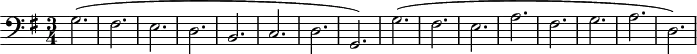 \version "2.14.2"
\header {
tagline = ##f
}
\score {
\new Staff \with {
}
<<
\relative c' {
\key g \major
\clef bass
\time 3/4
\tempo 4 = 120
\override TupletBracket #'bracket-visibility = ##f
\autoBeamOff
\set Staff.midiInstrument = #"harpsichord"
%%%%%%%%%%%%%%%%%%%%%%%%%% Ruggiero Goldberg
g2.( fis e d b c d g,)
g'( fis e a fis g a d,)
}
>>
\layout {
\context { \Score \remove "Metronome_mark_engraver" }
\context {
\remove "Metronome_mark_engraver"
}
}
\midi {}
}
