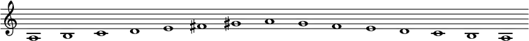 \new Staff {
\relative c' {
\key a \minor
\override Staff.TimeSignature #'stencil = ##f
\override Staff.BarLine #'stencil = ##f
a1 b c d e fis gis a g f e d c b a
}
}
\midi {
\context {
\Score
tempoWholesPerMinute = #(ly:make-moment 120 1)
}
}