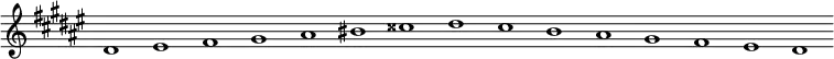\new Staff {
\relative c' {
\key dis \minor
\override Staff.TimeSignature #'stencil = ##f
\override Staff.BarLine #'stencil = ##f
dis1 eis fis gis ais bis cisis dis cis b ais gis fis eis dis
}
}
\midi {
\context {
\Score
tempoWholesPerMinute = #(ly:make-moment 120 1)
}
}
