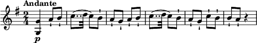 \relative c'' {
\version "2.18.2"
\key g \major
\time 2/4
\tempo "Andante"
\tempo 4 = 70
< g, g'>4\p a'8-! b-! c8..
(d32 c8) b-! a-! g-! a-! b-! c8..
(d32 c8) b-! a-! g-! c-! b-! b-! a-! r4
}
