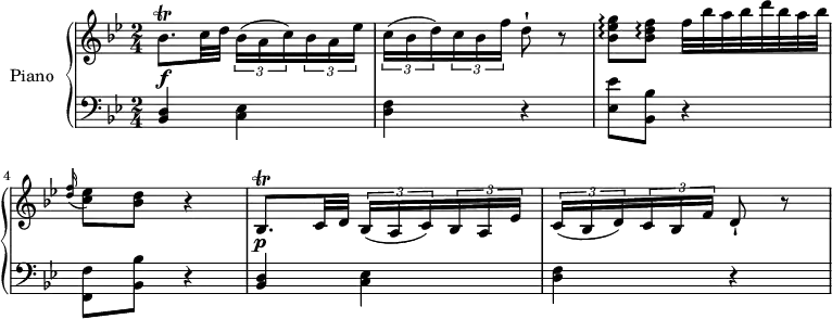 \version "2.18.2"
\header {
tagline = ##f
}
upper = \relative c' {
\clef treble
\key bes \major
\time 2/4
\tempo "Allegro"
\tempo 4 = 70
bes'8. \trill \f c32 d \tuplet 3/2 {bes16 (a c )} \tuplet 3/2 { bes16 a ees')}
\tuplet 3/2 {c16 (bes d )} \tuplet 3/2 { c16 bes f')} d8-! r
<bes ees g> \arpeggio <bes d f> \arpeggio f'32 bes a bes d bes a bes
\grace <d, f>16 (<c ees>8) <bes d> r4
bes,8. \trill \p c32 d \tuplet 3/2 {bes16 (a c )} \tuplet 3/2 { bes16 a ees')}
\tuplet 3/2 {c16 (bes d )} \tuplet 3/2 { c16 bes f')} d8-! r
}
lower = \relative c {
\clef bass
\key bes \major
\time 2/4
<bes d>4 <c ees> <d f> r
<ees ees'>8 <bes bes'> r4
<f f'>8 <bes bes'> r4
<bes d>4 <c ees> <d f> r
}
\score {
\new PianoStaff <<
\set PianoStaff.instrumentName = #"Piano"
\new Staff = "upper" \upper
\new Staff = "lower" \lower
>>
\layout {
\context {
\Score
\remove "Metronome_mark_engraver"
}
}
\midi { }
}