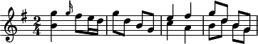 \header {
tagline = ##f
}
\score {
\new Staff \with {
}
<<
\relative c'' {
\key g \major
\time 2/4
\override TupletBracket #'bracket-visibility = ##f
%\autoBeamOff
%%%%%%%%%%%%%%%%%%%%%%%%%% K15e
< g' b, >4 \grace g16 fis8 e16 d g8 d b g
<< { e'4 fis g8 d b g } \\ { c4 a b8 d b g } >>
}
>>
\layout {
\context {
\remove "Metronome_mark_engraver"
}
}
\midi {}
}