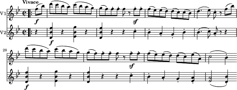 \version "2.18.2"
<<
\new Staff \with { instrumentName = #"V1"}
\relative c'' {
\key bes \major
\time 2/2
\tempo "Vivace"
\tempo 4 = 200
\set Score.currentBarNumber = #24
\bar ".|:"
\partial 4 f8 \f (bes) d (c bes a) c (bes a g)
g (f) f-. f-. f r f-.\sf f-.
f (ees) ees (d) d (c) c (bes)
d4. (ees8) c-. r f (bes) d (c bes a) c (bes a g)
g (f) f-. f-. f r f-.\sf f-.
f (ees) ees (d) d (c) ees (a,)
c2 (bes4-.)
}
\new Staff \with { instrumentName = #"V2"}
\relative c' {
\key bes \major
\time 2/2
\bar ".|:"
\partial 4 r4
<d bes' f'>4\f r <ees bes' g'> r
<d bes' f'> r r c'-.
bes-. a-. g-. bes-.
bes4. (c8) a-. r r4
<d, bes' f'>4\f r <ees bes' g'> r
<d bes' f'> r r c'-.
bes-. a-. g-. <ees a>-.
<ees a>2 (<d bes'>4-.)
}
>>