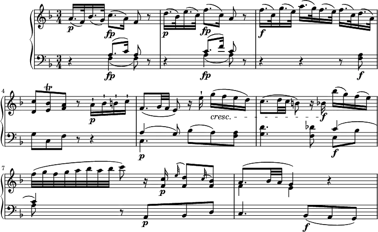 \version "2.18.2"
\header {
tagline = ##f
}
upper = \relative c'' {
\clef "treble"
\tempo "Andante un poco afagio"
\key f \major
\time 3/4
\tempo 4 = 50
a16.\p (f32) bes16. (g32) c8.\fp (a16) f8 r
d'16.\p (bes32) e16. (c32) f8.\fp (c16) a8 r
f'16.\f (c32) g'16. (e32) a16. (g32) f16. (e32) f16. (c32) d16. (a32)
<d, c'>8 <e bes'>\trill <f a> r a16-!\p bes-! b-! c-!
f,8. (g32 f e8) r16 e'-! g\cresc (f e d)
c8. (d32 c b8) r16 bes!\f bes' (g) f (e)
f32 (g f g a bes a bes c8) r16 <f,, c'> \p \grace e'32 ^(<f, d'>8) \grace c'32 ^(<f, bes>8)
<<{a8. (bes32 a g4) } \\ {f e}>> r4
}
lower =\relative c' {
\clef "bass"
\key f \major
\time 3/4
\set Staff.midiMinimumVolume = #0.2
\set Staff.midiMaximumVolume = #0.4
r4 <<{a8. (c16) a8} \\ {f4\fp (f8)}>> r8
r4 <<{c'8. (f16) c8} \\ {a4\fp (a8)}>> r8
r4 r r8 <f a>\f
g c, f r r4
<<{a4 (g8)} \\ {c,4.\p}>> bes'8 (a) <f a>
<g d'>4. <f des'>8 <<{c'4 (c) } \\ {e,8\f bes' a}>>
r8 a,\p bes d
c4. bes8\f (a g)
}
\score {
\new PianoStaff <<
\new Staff = "upper" \upper
\new Staff = "lower" \lower
>>
\layout {
\context {
\Score
\remove "Metronome_mark_engraver"
}
}
\midi { }
}