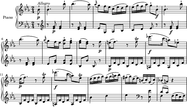 \version "2.18.2"
\header {
tagline = ##f
}
upper = \relative c' {
\clef treble
\key ees \major
\time 2/4
\tempo "Allegro"
\tempo 4 = 120
%\autoBeamOff
\partial 8 bes'8-! \p ^\markup{ \italic {Allegro } }
bes4.-! bes'8-!
bes4. (aes8)
\grace aes16 (g8) f16 ees c (ees d f)
ees (g f aes) g8-! bes,-! \f bes4.-! bes'8-!
bes4. (aes8)
\grace aes16 (g8) f16 ees <d aes'>8-! <ees g>-!
<ees g> (<d f>) r f\p
e16 (f8.) r8 f \trill
ees'!8.\f (c16 a8) ees!-!
d16 \p (f8.) r8 f \trill
ees'!8. \f (c16 a8) ees \trill
d16 (ees f g) f (g a bes)
fis (g) d (ees) b (c) g (c)
bes!8 (a) r4
}
lower = \relative c' {
\clef bass
\key ees \major
\time 2/4
\partial 8 r8
\clef treble
r <ees g>8 \p <ees g>4
r8 <d f>8 <d f>4
ees8 g, aes bes
c d ees r
r <ees g>8 \f <ees g>4
r8 <d f>8 <d f>4
ees8 <g bes> <f bes> <ees bes'>
bes bes' bes, r
bes16 \p f' d f bes, f' d f
\repeat unfold 2 {a, f' c f}
\repeat unfold 2 {bes, f' d f}
\repeat unfold 2 {a, f' d f}
bes4 d ees \clef bass r8 <ees,, ees'>8
<<{\stemDown f4} \\ {\stemUp d'8 ^(c)}>>
f,16 (g ees f)
}
\score {
\new PianoStaff <<
\set PianoStaff.instrumentName = #"Piano"
\new Staff = "upper" \upper
\new Staff = "lower" \lower
>>
\layout {
\context {
\Score
\remove "Metronome_mark_engraver"
}
}
\midi { }
}