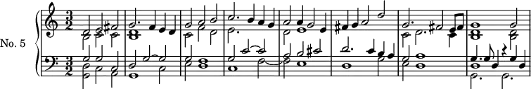 \version "2.14.2"
\header {
tagline = ##f
}
upper = \relative c' {
\clef treble
\key a \minor
\time 3/2
\tempo 2 = 100
\autoBeamOff
\set Staff.midiInstrument = #"harpsichord"
<< { d2 e fis g2. f4 e d g2 a b c2. b4 a g a2 a4 g2 e4 fis4 g a2 d } \\ { b,2 c c < d b >1 s2 c2 f d e2. s2. d2 e1 } >>
<< { g2. fis2 e8 fis g1 g2 } \\ { c,2 d2. c4 < d b >1 < d b >2 } >>
}
lower = \relative c {
\clef bass
\key a \minor
\time 3/2
\set Staff.midiInstrument = #"harpsichord"
<< { g'2 g c, d g2~ g g f1 g2 c2~ c a b cis d2. c4 b a g2 a1 } \\ { < d, g, >2 c a g1 c2 e d1 c f2~ f e1 d g2 e d1 } >>
<< { g4. g8 d4 r4 g4 d } \\ { g,2. g2. } \\ { d'1 } >>
}
\score {
\new PianoStaff <<
\set PianoStaff.instrumentName = #"No. 5"
\new Staff = "upper" \upper
\new Staff = "lower" \lower
>>
\layout {
\context {
\Score
\remove "Metronome_mark_engraver"
}
}
\midi { }
}