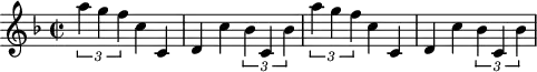 
\header {
  tagline = ##f
}

\score {
  \new Staff \with {

  }
<<
  \relative c'' {
    \key f \major
    \time 2/2
    \tempo 2 = 70
    \set Staff.midiInstrument = #"string ensemble 1"

     %%%%%%%%%%%%%%%%%%%%%%%%%% AB 3-1 th4
     \times 2/3 { a'4 g f } c c, d c' \times 2/3 { bes c, bes' }
     \times 2/3 { a'4 g f } c c, d c' \times 2/3 { bes c, bes' }

  }
>>
  \layout {
    \context { \Score \remove "Metronome_mark_engraver"
    }
  }
  \midi {}
}
