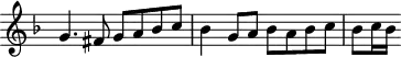 
\header {
  tagline = ##f
}

\score {
  \new Staff \with {
     \remove "Time_signature_engraver"
  }
<<
  \relative c'' {
    \key f \major
    %\clef bass
    \time 2/2
    \override TupletBracket #'bracket-visibility = ##f 

     %%% f° 51v
     g4. fis8 g a bes c bes4 g8 a bes a bes c bes[ c16 bes]

  }
>>
  \layout {
     \context { \Score \remove "Metronome_mark_engraver" }
  }
  \midi {}
}
