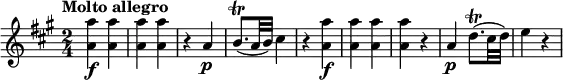 \relative c'' {
\version "2.18.2"
\key a \major
\time 2/4
\tempo "Molto allegro"
\tempo 4 = 160
<a a'>4\f <a a'>4 <a a'>4 <a a'>4 r4
a\p b8.\trill (a32 b)
cis4 r4
<a a'>4\f <a a'>4 <a a'>4 <a a'>4 r4
a\p d8.\trill (cis32 d)
e4 r4
}