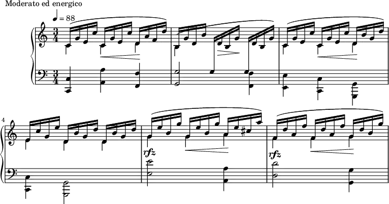 \version "2.18.2"
\header {
tagline = ##f
}
upper = \relative c' {
\clef treble
\key c \major
\time 3/4
\tempo 4 = 88
%\autoBeamOff
%%Montgeroult — Étude 20 (pdf p. 55)
<< { \repeat unfold 2 { c16^( g' e c' } d, a' f d') b,16 g' d b' } \\ { c,4 c\< d\! | b^( \stemUp \change Staff = "lower" g16 \change Staff = "upper" d'16\> b g'\! \change Staff = "lower" g,16 \change Staff = "upper" d'16 b g') | } >>
<< { \repeat unfold 2 { c,16^( g' e c' } d,16 b' g d') | e, c' g e' \repeat unfold 2 { d,16 b' g d' } } \\ { c,4 c\< d\! | e d d } >>
<< { \repeat unfold 2 { g16( e' b g' } a,16 e' cis a') } \\ { g,4 g\< a\! } >>
<< { \repeat unfold 2 { f16^( d' a f' } g,16 d' b g') } \\{ f,4 f\< g\! } >>
}
lower = \relative c {
\clef bass
\key c \major
\time 3/4
< c c, >4 < a' a, > < f f, > | < g g, >2 \stemDown < f f, >4 | < e e, > < c c, > < g g, > | < c c, > < g g, >2 |
< e'' e, >2^\rfz < a, a, >4 < d d, >2^\rfz <g, g, >4
}
\header {
piece = "Moderato ed energico"
}
\score {
\new PianoStaff <<
\new Staff = "upper" \upper
\new Staff = "lower" \lower
>>
\layout {
\context {
\Score
}
}
\midi { }
}