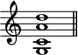 \header {
tagline = ##f
}
\score {
\new Staff \with {
\remove "Time_signature_engraver"
}
\relative c'' {
\key c \major
\time 9/1
\tempo 1 = 60
\autoBeamOff
\clef treble
\override Rest #'style = #'classical
<< g,1 c a' d >>
\bar "||"
}
\layout {
\context {
\Score
\remove "Metronome_mark_engraver"
}
}
\midi {}
}