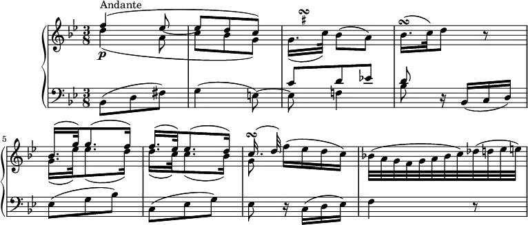 
\version "2.18.2"
\header {
  tagline = ##f
}
upper = \relative c' {
         \clef "treble" 
         \tempo "Andante"
         \key bes \major
         \time 3/8 
         \tempo 4 = 50
         <<{\stemDown d'4\p _ (a8 c bes g) } \\ { \stemUp f'4 ^\markup {Andante} ^  ( ees8 ~ ees d c) }>>
          \transpose f g  \relative c' <<
         { \stemDown f16. _ ([b32]) }
         {s32
           \once \set suggestAccidentals = ##t
           \once \override AccidentalSuggestion.outside-staff-priority = ##f
           \once \override AccidentalSuggestion.avoid-slur = #'inside
           \once \override AccidentalSuggestion.font-size = -3
           \once \override AccidentalSuggestion.script-priority = -1
           \single \hideNotes
           b16-\turn \noBeam
           s32
       } >>  bes8 (a)
       bes16. \turn (c32) d8 r
       <<{\stemDown g,16. _ (ees'32) ees8. _ (d16) d16. _ (c32) c8. _ (bes16) g8} \\ 
       {\stemUp bes16. ^ ( g'32) g8. ^(f16) f16. ^(ees32) ees8. ^(d16) c16. ^ \turn ^(d32)}>> 
       f16 (ees d c)
       bes!32 (a g f g a bes c) des (d ees e)
}

lower =\relative c {      
         \clef "bass" 
         \key bes \major
         \time 3/8
     bes8 (d fis)
     <<{\stemDown g4 (e8) ~ e f!4 bes8} \\ { \stemUp s4. c8 d ees! d8 }>>
     r16 bes, (c d)
     ees8 (g bes)
     c, (ees g)
     ees r16 c (d ees)
     f4 r8
  }     
\score {
  \new PianoStaff <<  
    \new Staff = "upper" \upper
    \new Staff = "lower" \lower
  >>
  \layout {
    \context {
      \Score
      \remove "Metronome_mark_engraver"
    }
  }
  \midi { }
}
