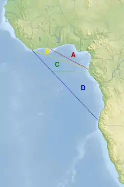 Différentes façons de cartographier le golfe de Guinée : * A ou golfe intérieur, * AB ou golfe selon l'OHI, * ABC ou golfe selon une variante de l'OHI * ABCD ou golfe selon la Commission du Golfe de Guinée.