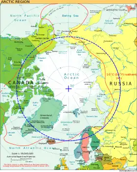 Carte de l'Arctique avec le cercle polaire arctique en bleu et l'isotherme à 10 °C du mois de juillet en 2002 (ligne rouge).