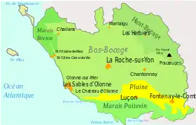 Carte du département de la Vendée avec le Haut-Bocage à l'est ; le puy Crapaud est l'un de ses points culminants.