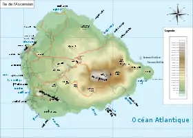 Carte de l'île[George(s)ville est à l'ouest, entreCatherine Point, Tartar Rock et Cross Hill ;le pic de Montagne Verte au centre-est].