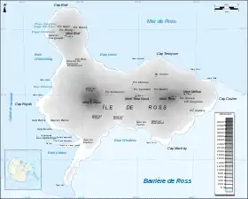 Carte de l'île de Ross montrant le cap Royds, son extrémité occidentale.