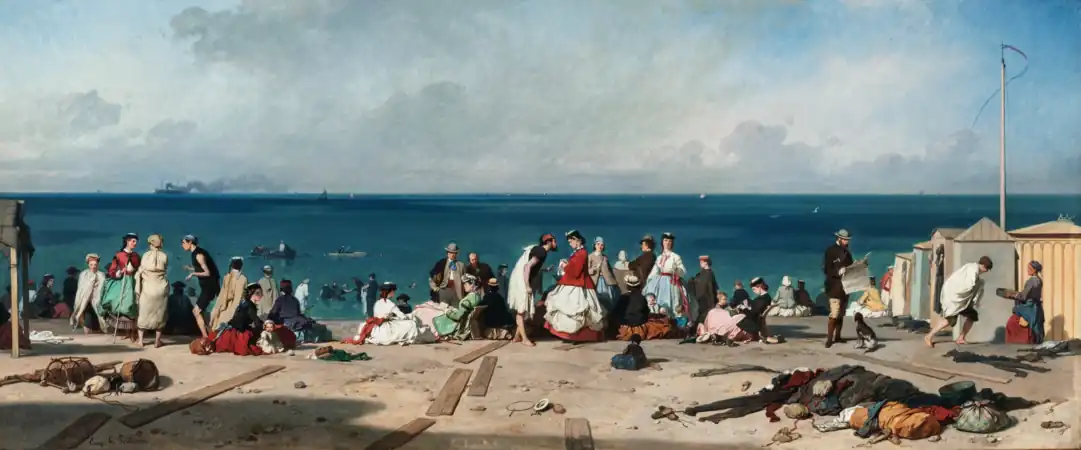 Eugène Le Poittevin, Les Bains de Mer, Plage d’Étretat, 63&nbsp;×&nbsp;149,4&nbsp;cm, huile sur toile, 1864.