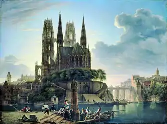 Karl Friedrich Schinkel, Cathédrale gothique au bord de l'eau (de) (1813)