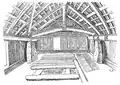 Dessin figurant de l'intérieur le réseau de poutres et la couverture d'une maison ainsi que le foyer aménagé.