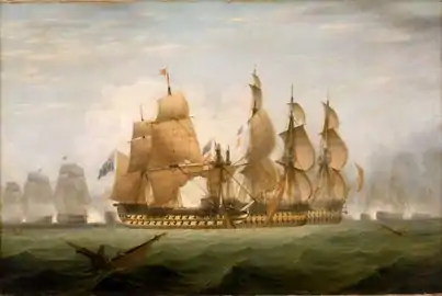 Peinture anonyme du début XIXe&nbsp;siècle montrant le même épisode avec le HMS Captain au premier plan : les pavillons anglais flottant au-dessus des pavillons espagnols indiquent que les deux navires espagnols sont désormais capturés.