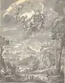 En bas, idylle dans paysage bucolique, arc en ciel et en haut le Printemps avec angelots