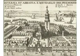 L'abbaye Saint-Michel d'Anvers (gravure du XVIIe siècle d'après Pierre-Paul Rubens)..